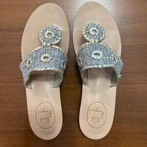 Jack Rogers Gold Leather & Tweed Sandals – Size 6.5